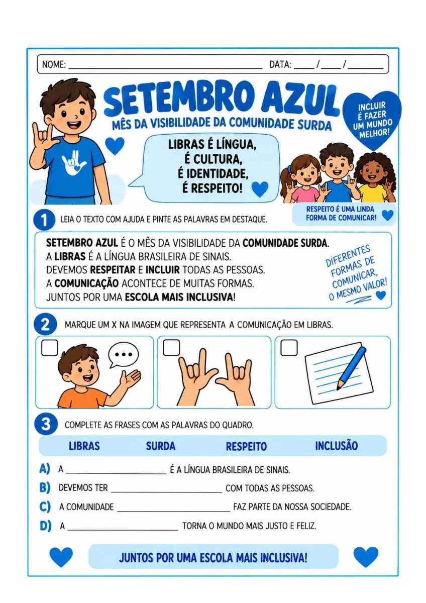 Dia Nacional do Surdo - SEQUENCIA DE ATIVIDADES PARA TRABAHAR INCLUSÃO — amostra 7: Este material reúne 17 páginas de…