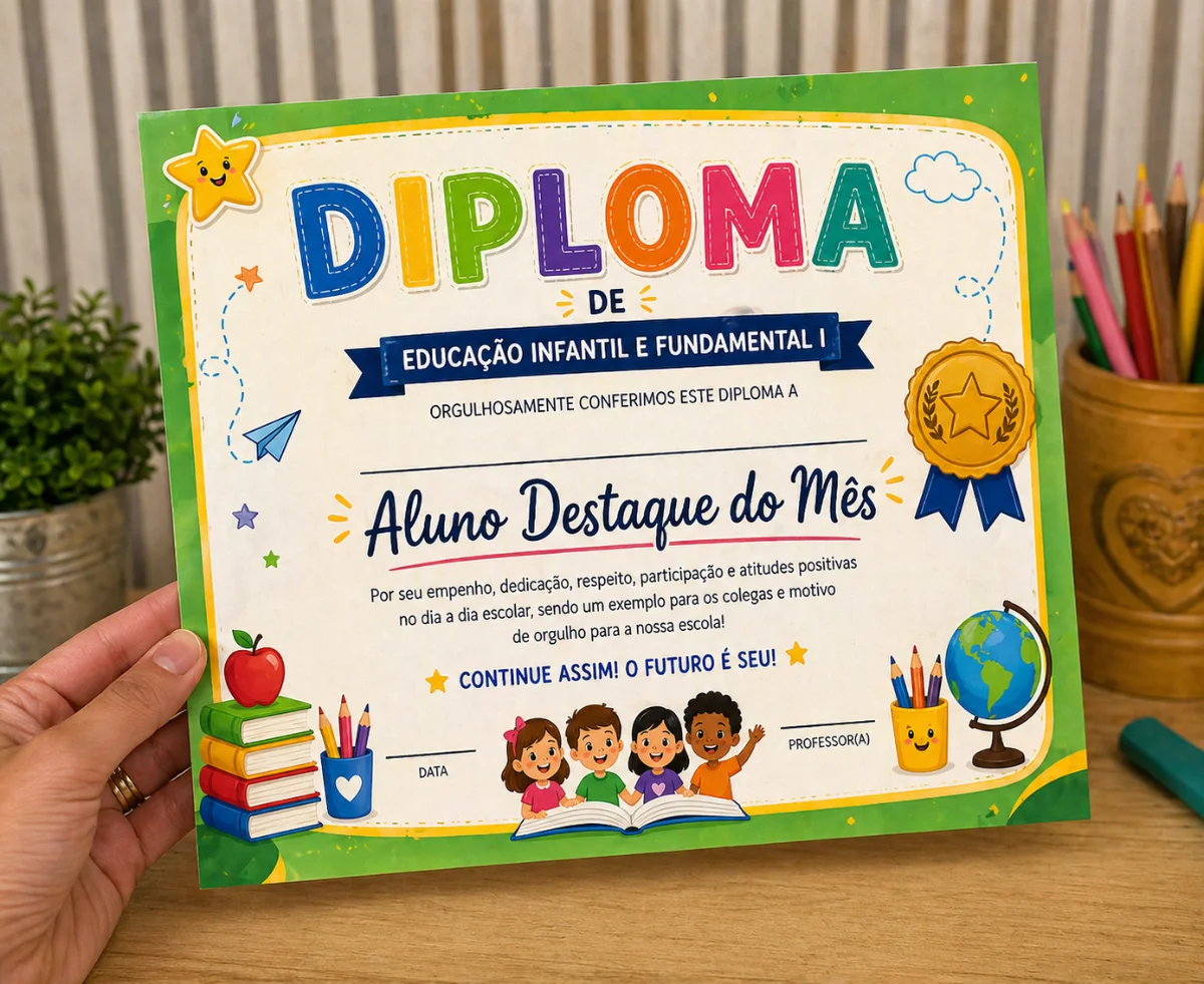 Diploma Aluno Destaque do Mês – Reconhecimento Escolar — amostra 1: Diploma Aluno Destaque do Mês 🏅📚