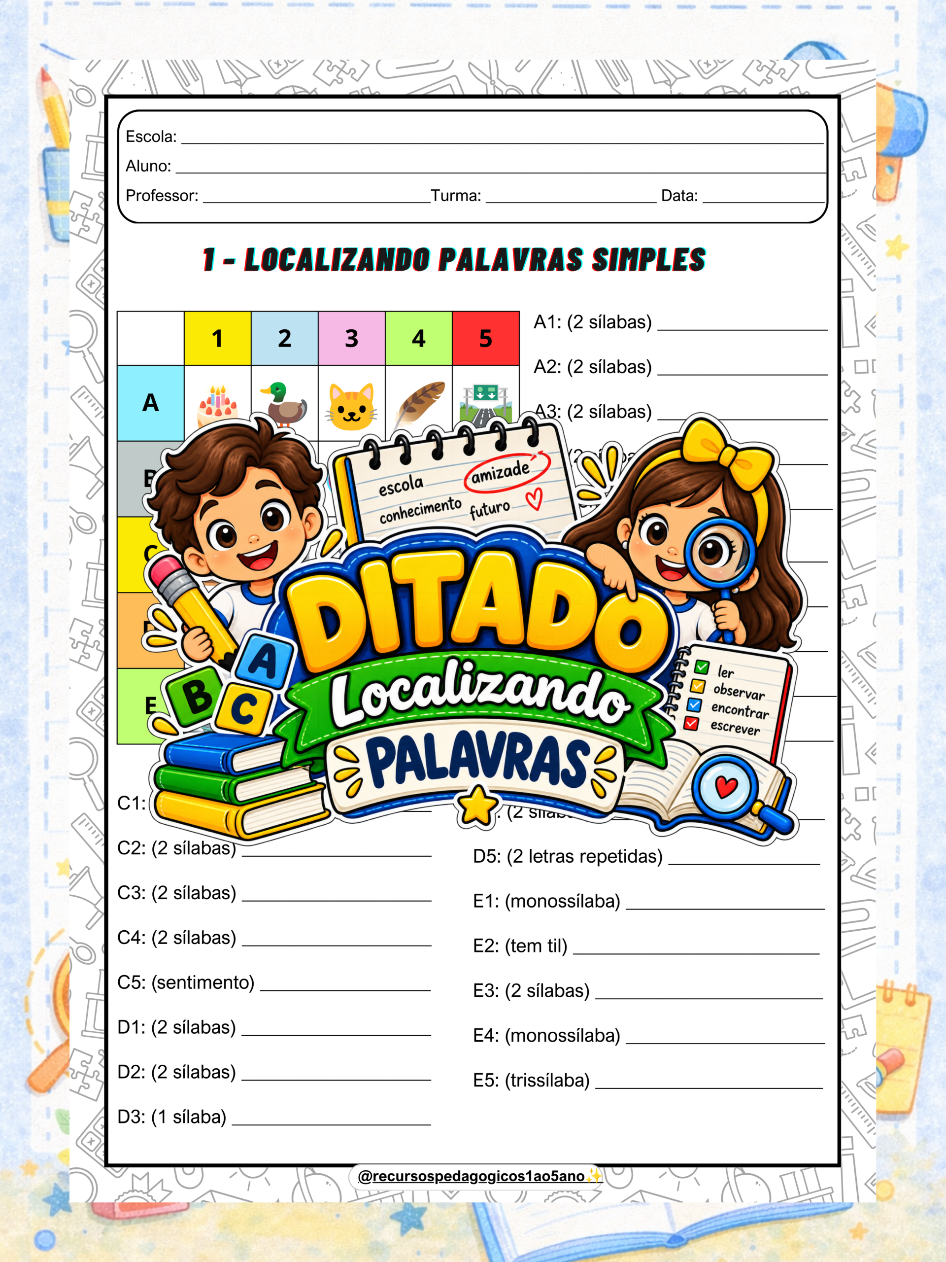 Ditado escolar – Localizando palavras + Brinde – PDF para Imprimir | Alfabetização — Alfabetização para 2º ano: Ditado…