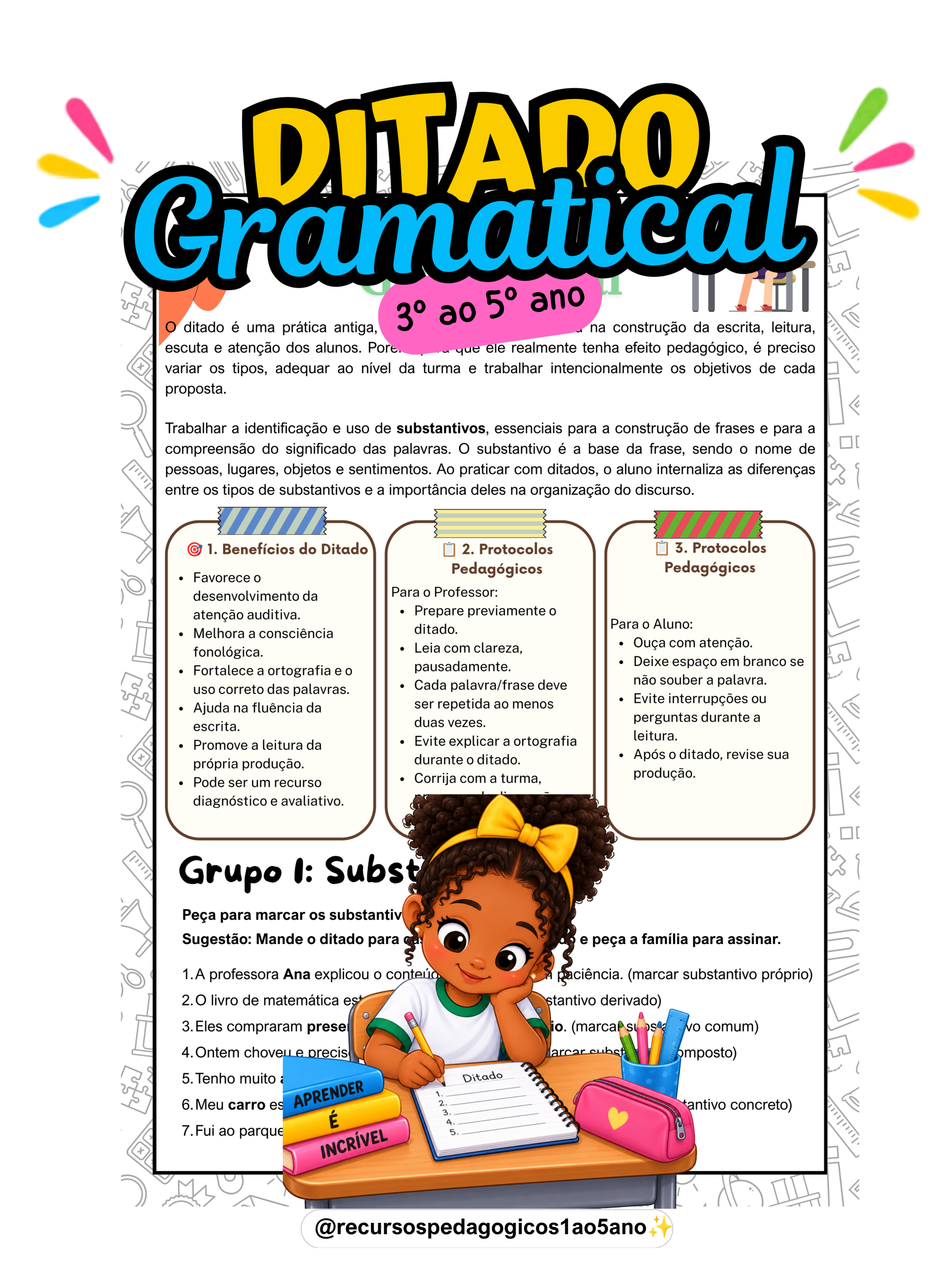Ditado Gramatical – Classes Gramaticais + BRINDE – PDF para Imprimir | 5º ano — amostra 1: O que vem no material