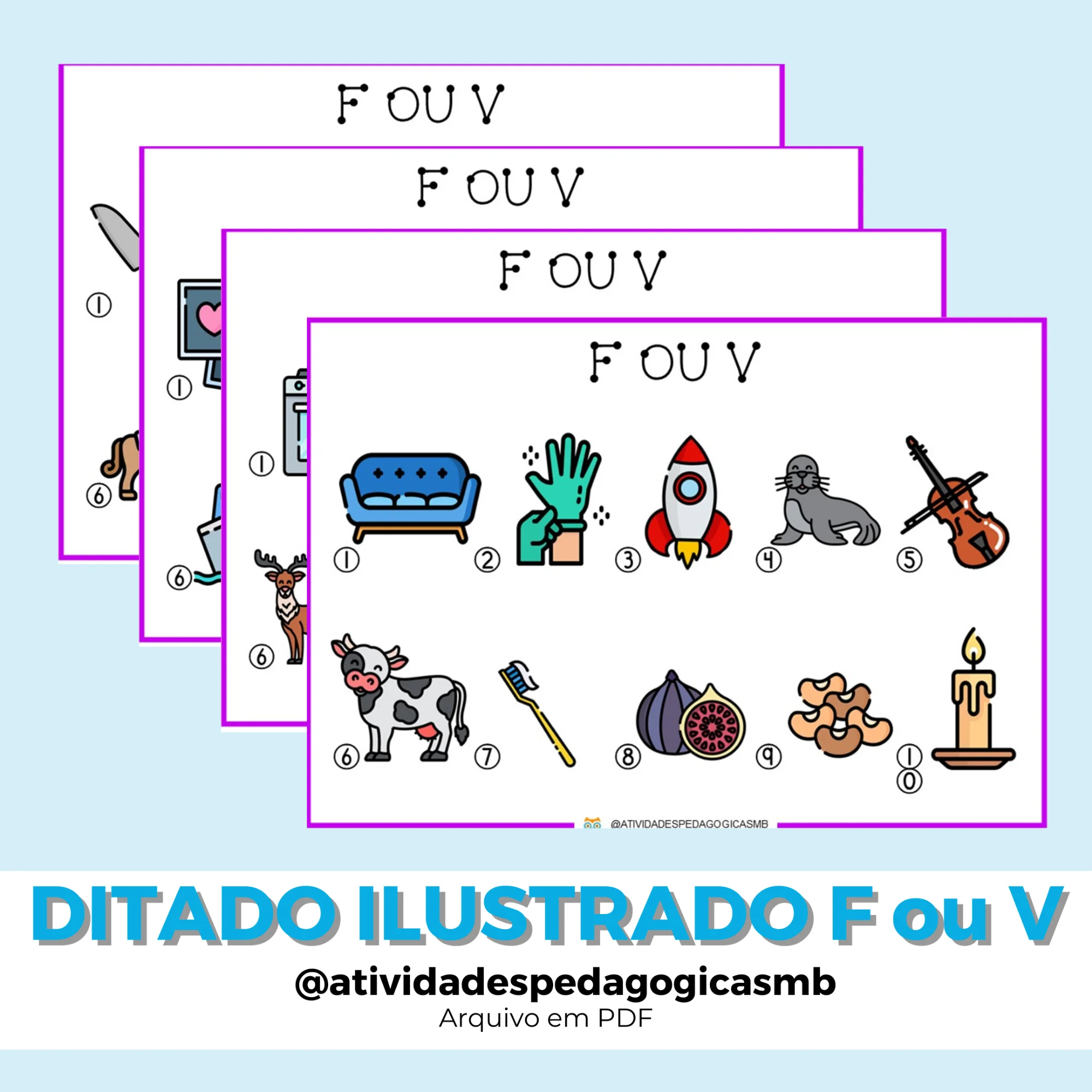 Ditado Ilustrado F ou V – 4º e 5º Ano (PDF) — Jogos pedagógicos para 5º ano: Ditado ilustrado F ou V com fichas de…
