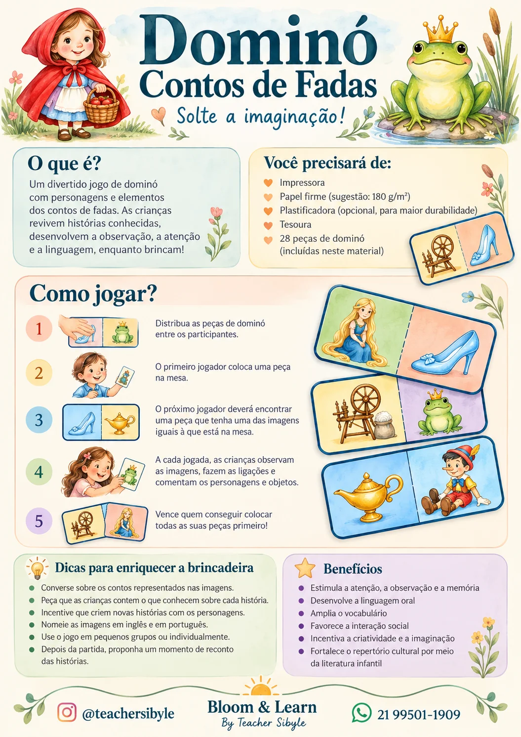 Dominó dos Contos Clássicos | Jogo Infantil para Imprimir — amostra 2: Produto digital em PDF. Nenhum material físico será…