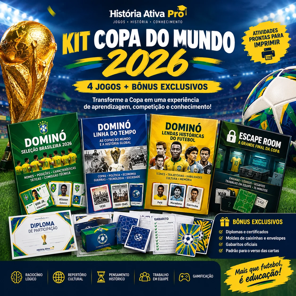 Dominós da Copa do Mundo, Lendas do Futebol & Escape Room — Jogos pedagógicos para Todas as séries: Transforme suas aulas…