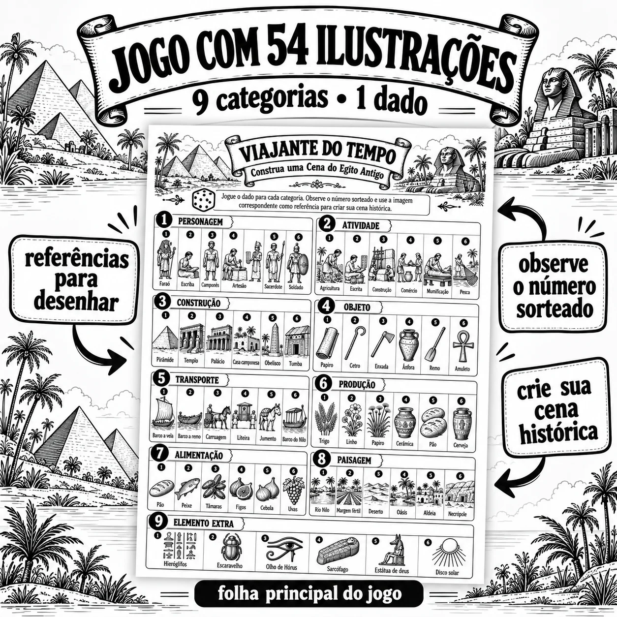 Egito Antigo 6º Ano: Jogo de História com Dado — amostra 3: Atividade sobre Egito Antigo com 54 ilustrações, jogo de dados,…