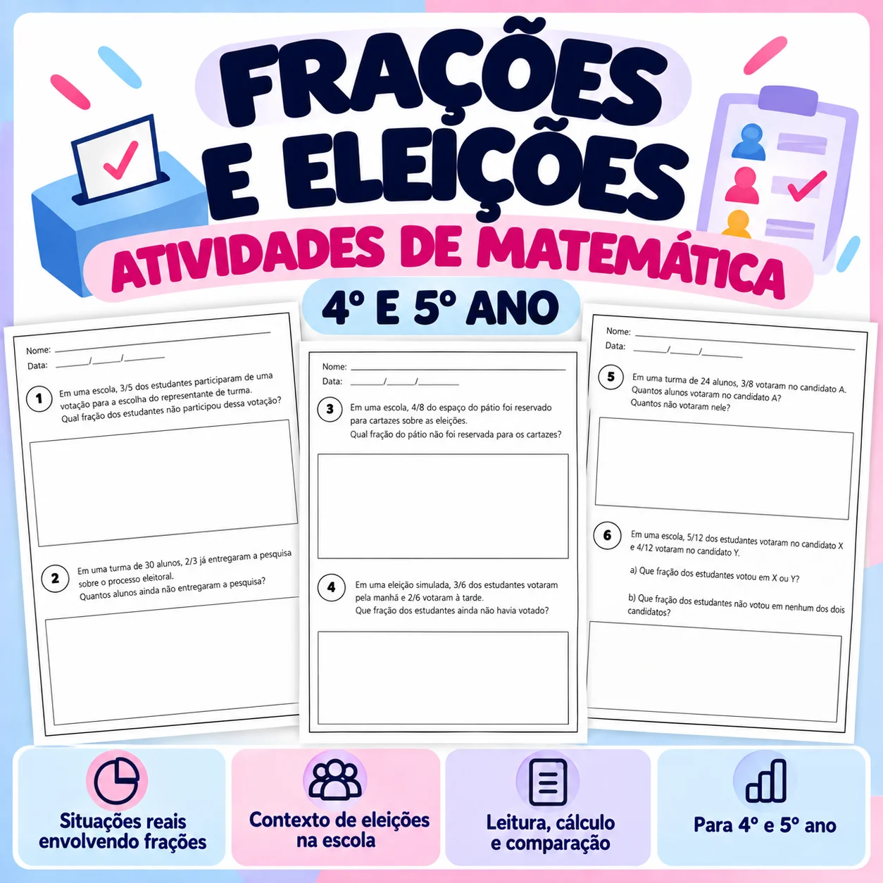 Eleições e Frações | Problemas Matemáticos 4º e 5º Ano — Matemática para 5º ano: 14 problemas matemáticos com frações no…