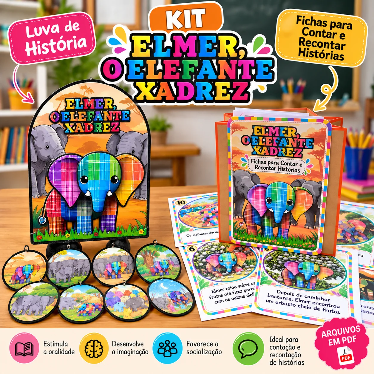 Elmer, o Elefante - kit luva e fichas para conto e reconto de historia — Alfabetização para Educação Infantil: Kit com luva…