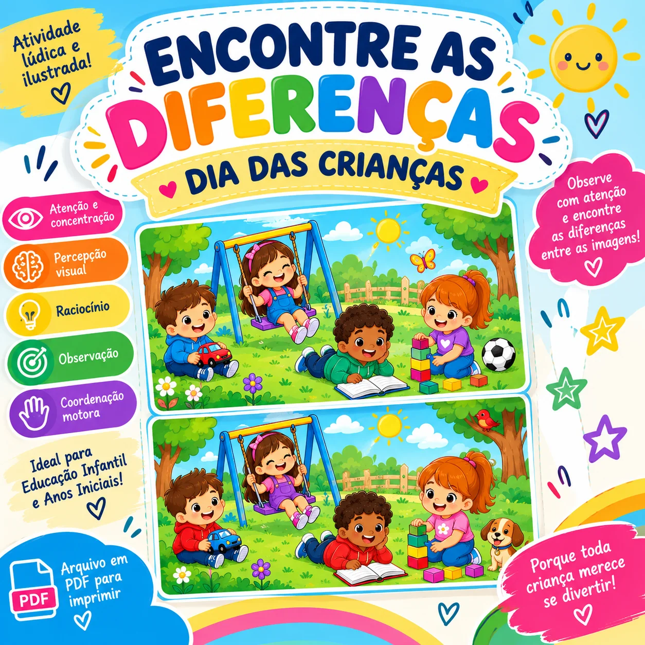 Encontre as Diferenças – Dia das Crianças — Alfabetização para Educação Infantil: Atividade lúdica e ilustrada de atenção e…