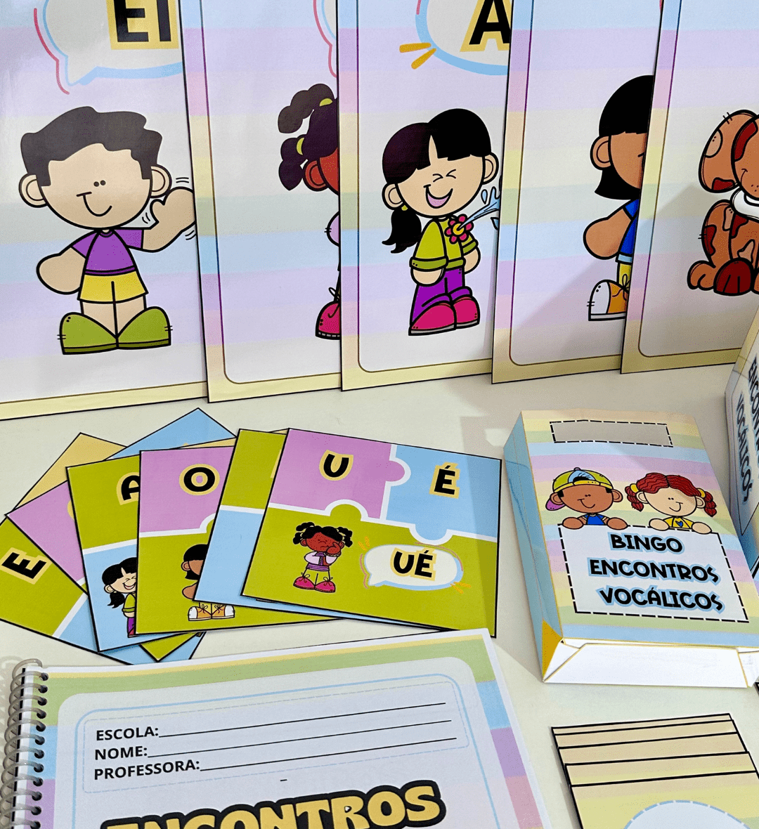 Encontros vocálicos: kit em PDF com bingo e atividades — amostra 5: Explore encontros vocálicos com brincadeiras e…