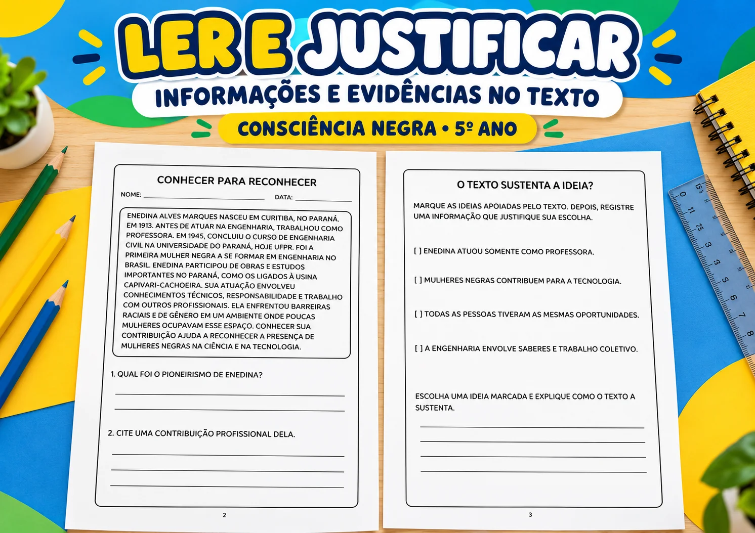 Enedina: Projetos que Abrem Caminhos — Consciência Negra. — amostra 1: O PDF contém exatamente 7 páginas A4 em pé: uma capa…