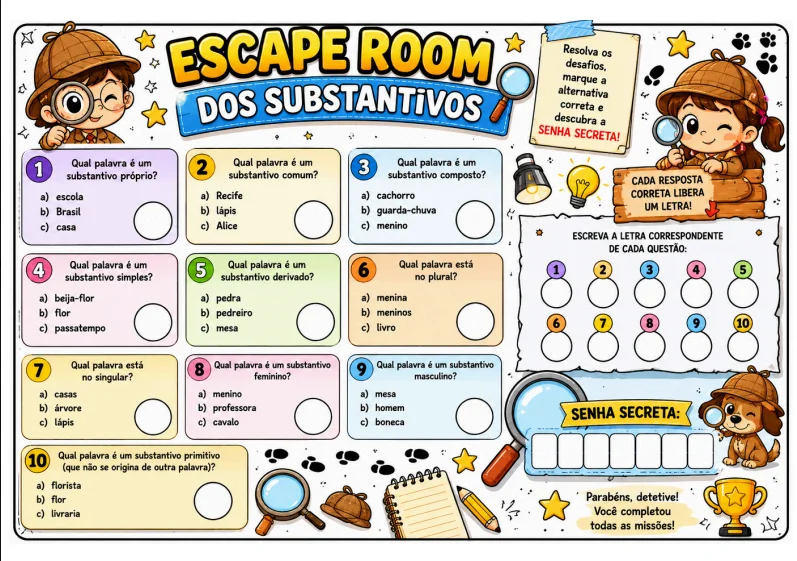 ESCAPE ROOM DOS SUBSTANTIVOS - ALFABETIZAÇÃO LÚDICA — amostra 1: ATENÇÃO, DETETIVES!