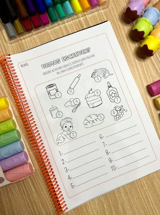Escrita Enumerada: 23 Páginas de Alfabetização em PDF — amostra 2: 23 páginas para escrever os nomes das figuras seguindo a…