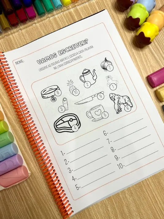 Escrita Enumerada: 23 Páginas de Alfabetização em PDF — amostra 3: 23 páginas para escrever os nomes das figuras seguindo a…