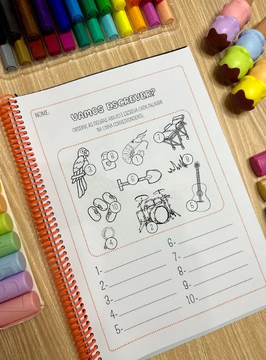 Escrita Enumerada: 23 Páginas de Alfabetização em PDF — amostra 4: 23 páginas para escrever os nomes das figuras seguindo a…