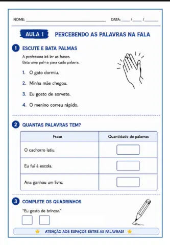 Escrita Organizada - produção de frases e textos-segmentação — amostra 1: ✔ percepção dos espaços entre as palavras