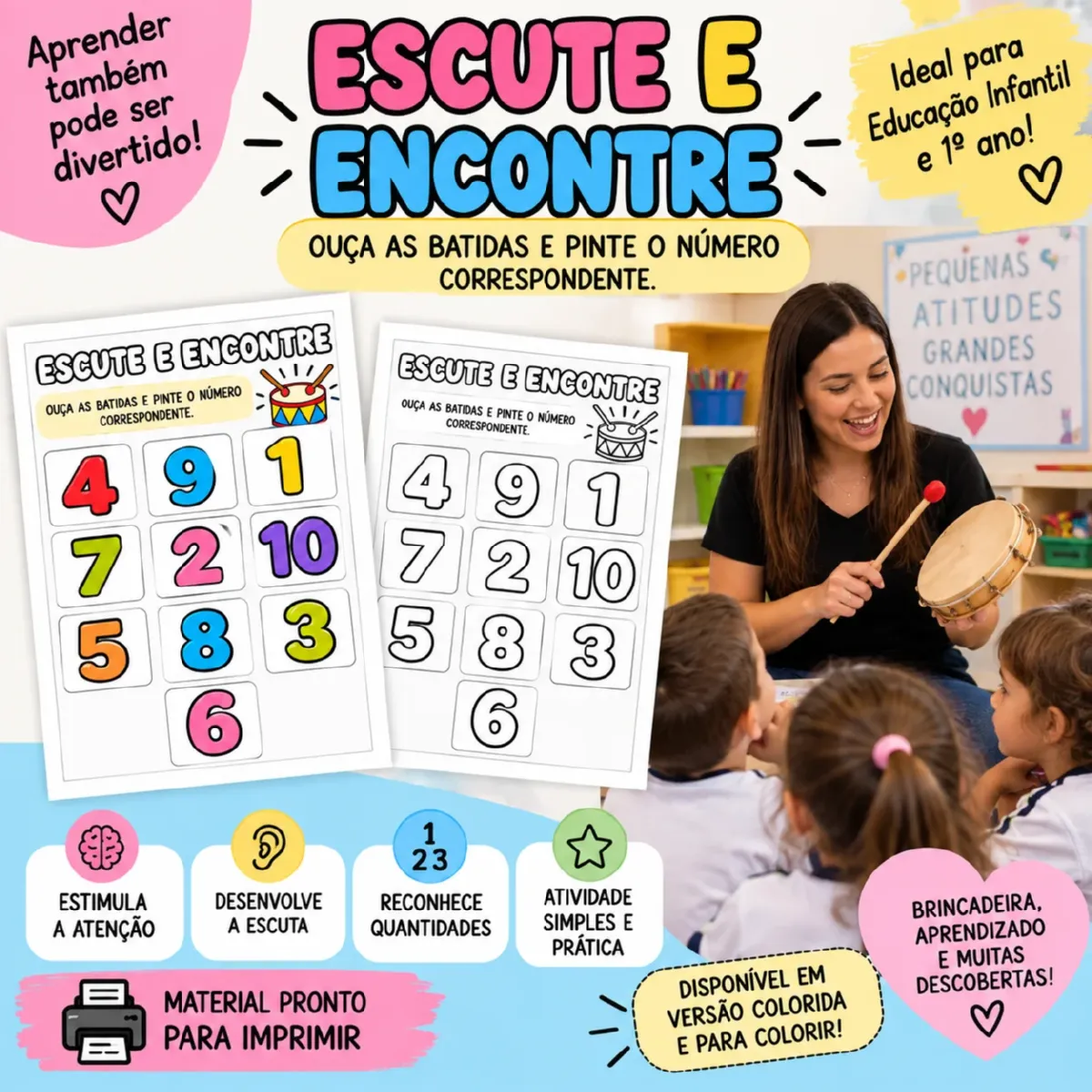 Escute e Encontre — Atividade de Percepção Auditiva e Números — Matemática para Educação Infantil: Atividade lúdica para…