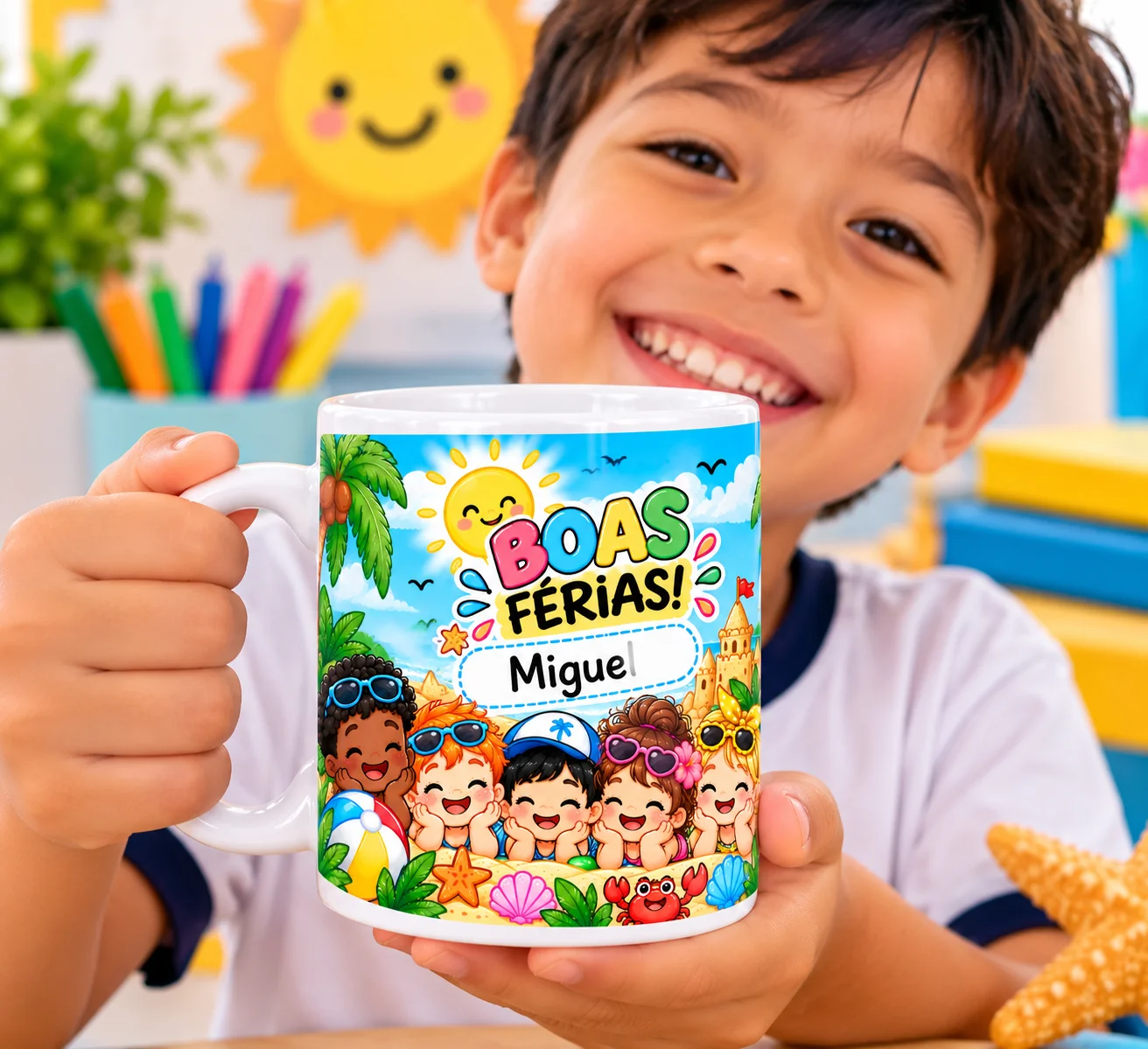 Estampa para Caneca Boas Férias – Editável no Canva — amostra 1: ☀️🌴 ESTAMPA PARA CANECA – BOAS FÉRIAS! 🏖️🌈