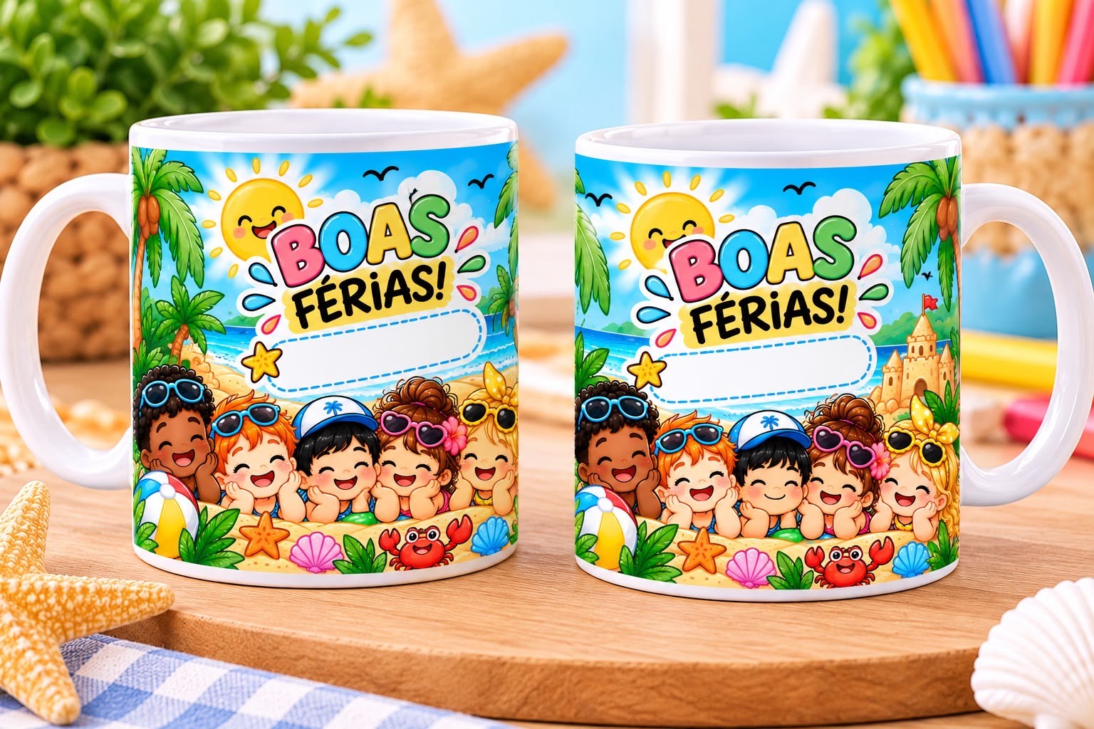 Estampa para Caneca Boas Férias para Encerramento Escolar — amostra 1: Estampa digital para caneca com tema Boas Férias,…
