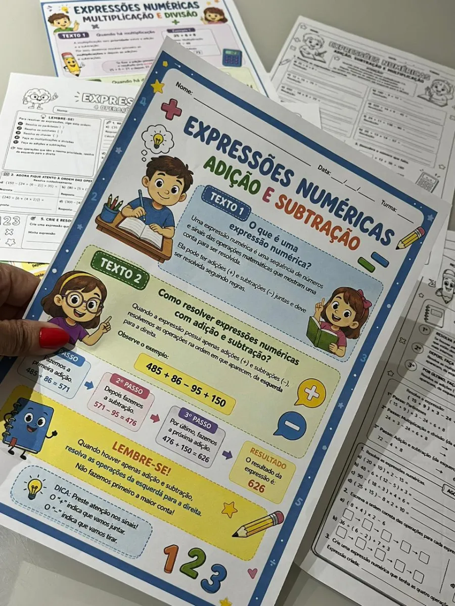 Expressões Numéricas - Matemática 4° e 5° anos — amostra 1: Quando aparecem + , − , × e ÷ juntos, além de parênteses,…