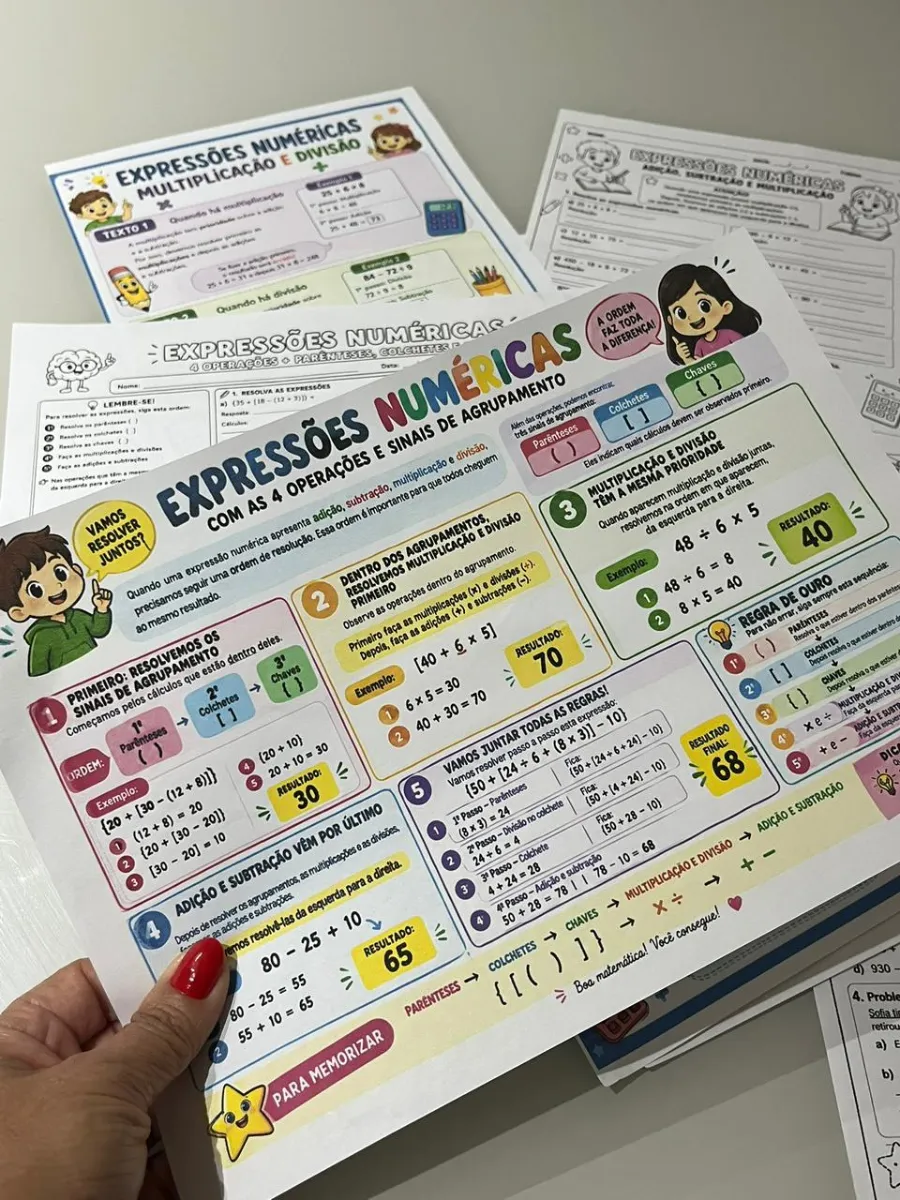 Expressões Numéricas - Matemática 4° e 5° anos — amostra 3: Quando aparecem + , − , × e ÷ juntos, além de parênteses,…