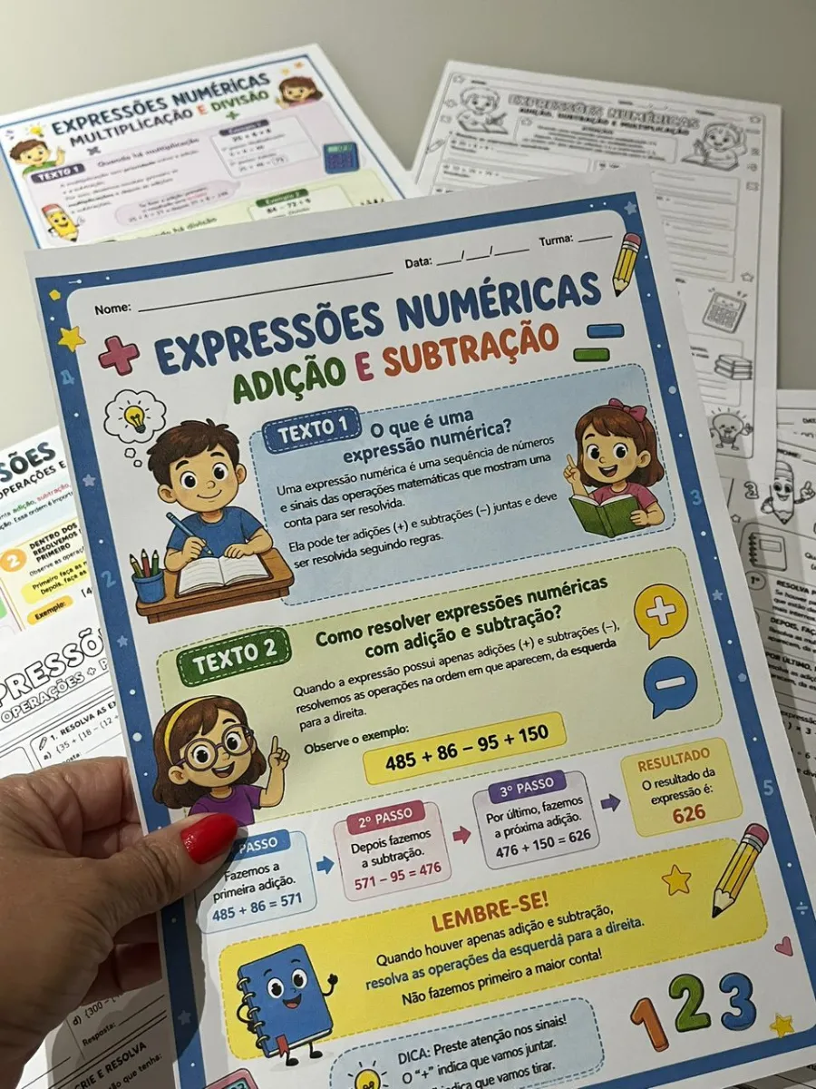 Expressões Numéricas - Matemática 4° e 5° anos — amostra 6: Quando aparecem + , − , × e ÷ juntos, além de parênteses,…