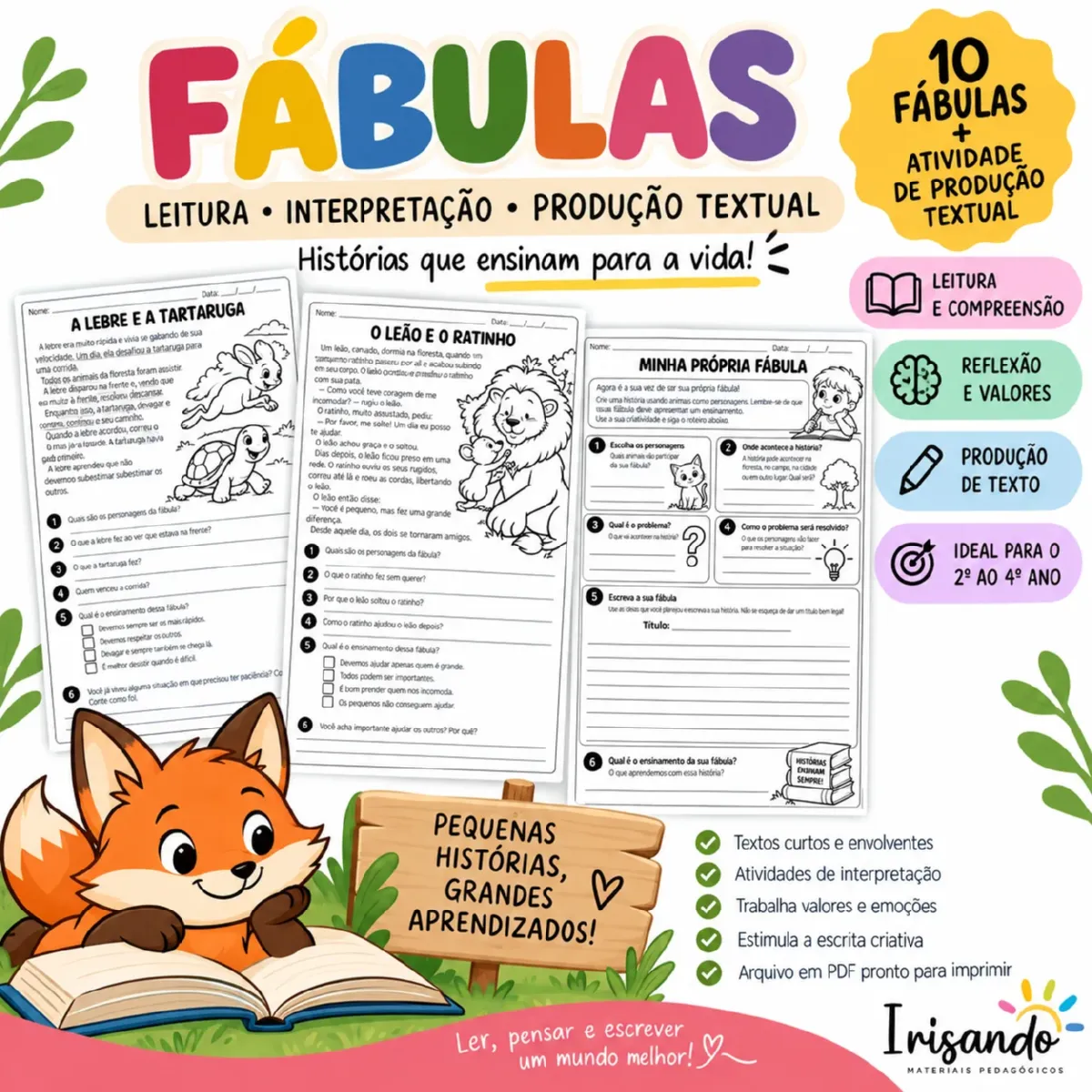 FÁBULAS - Leitura, Interpretação e Produção Textual — Alfabetização para 2º ano: Kit com 10 fábulas, atividades de…