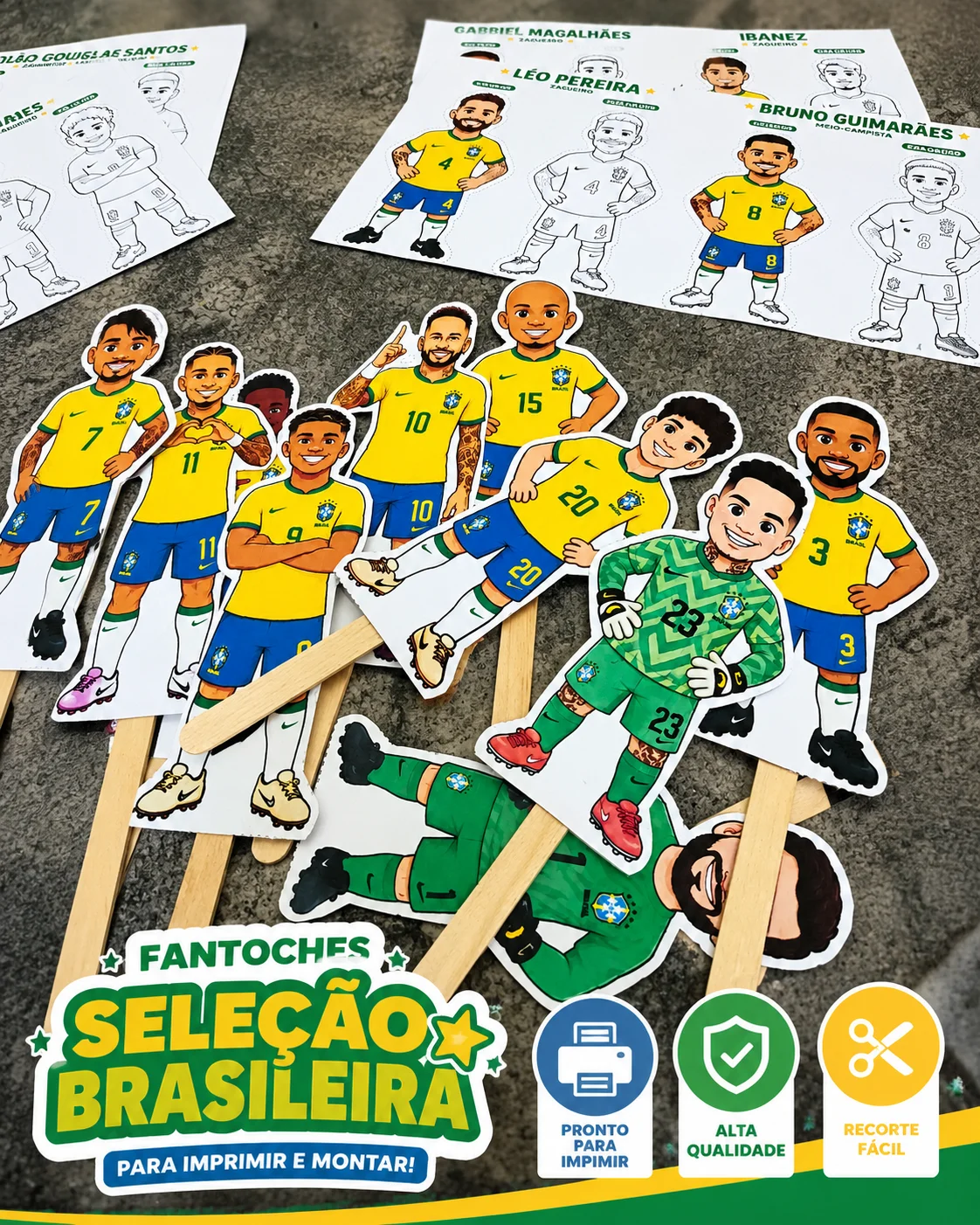 Fantoches dos Personagens da Seleção Brasileira 2026 — amostra 2: Arquivo digital com os 26 jogadores convocados para a…