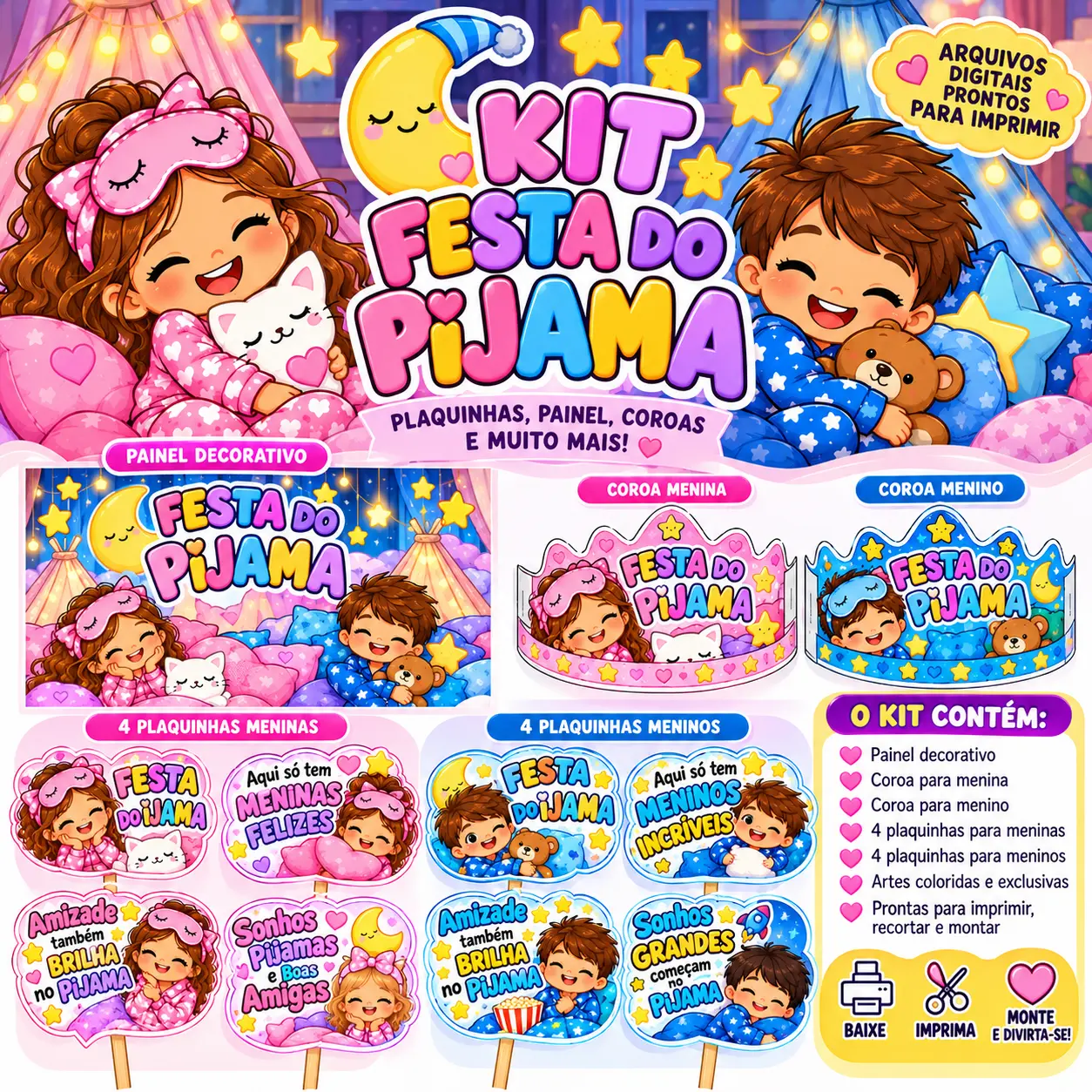 Festa do Pijama 2 Painéis, Coroas e Plaquinhas Educação Infantil PDF — amostra 1: Kit Festa do Pijama completo e divertido,…