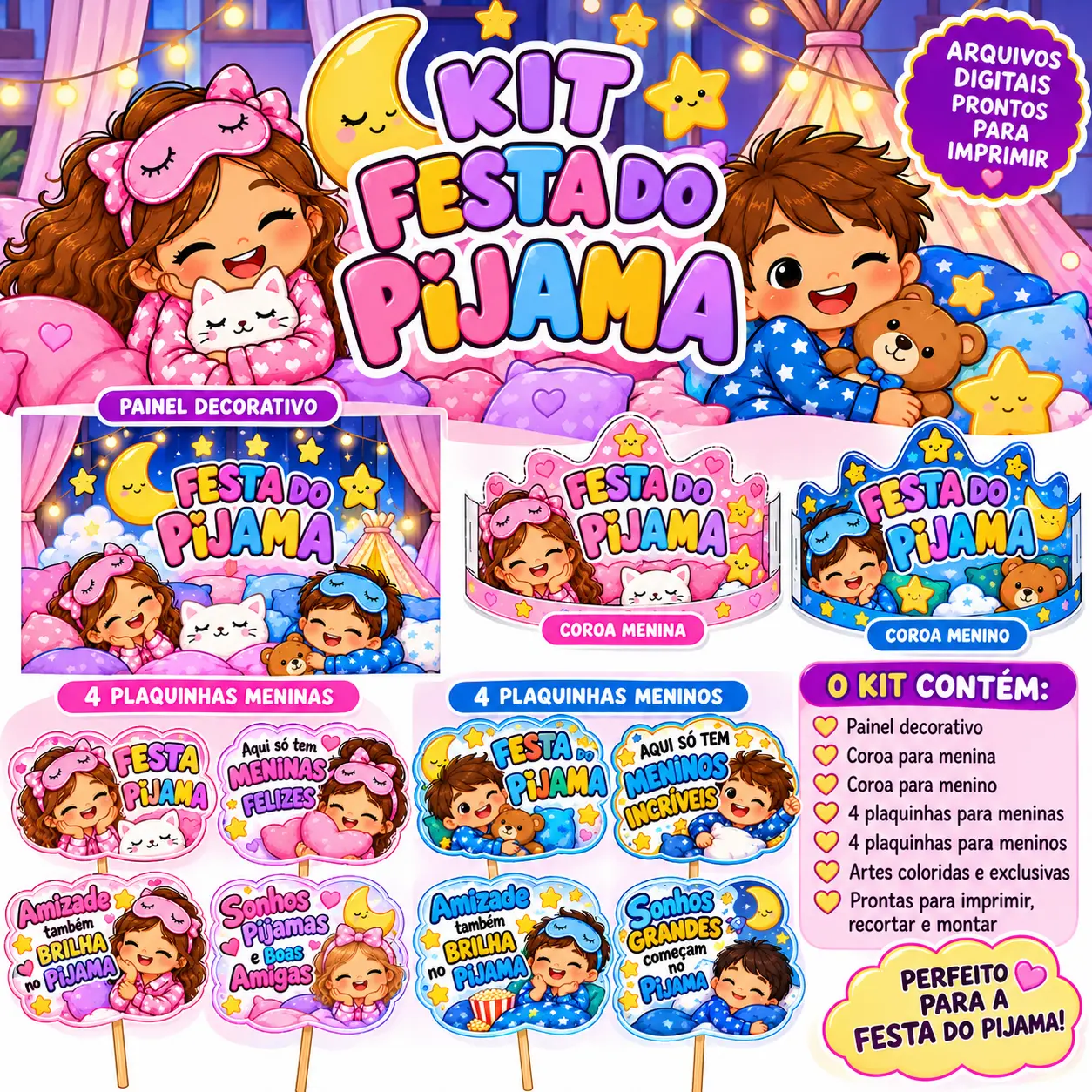 Festa do Pijama 2 Painéis, Coroas e Plaquinhas Educação Infantil PDF — Alfabetização para Educação Infantil: Kit Festa do…
