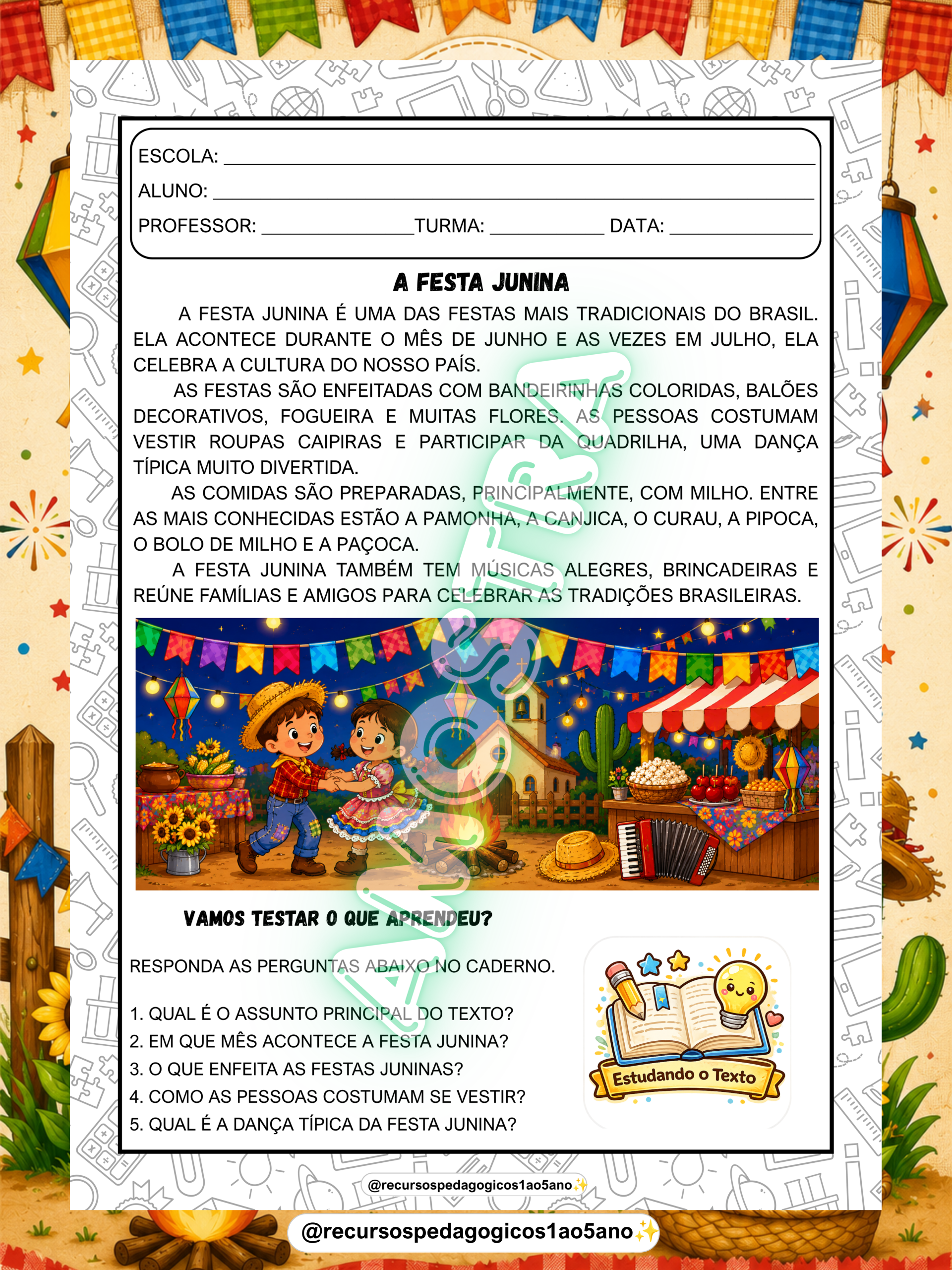 Festa Junina – Textos, Interpretação, Painel, Bambolê e Lapbook | 5º ano — amostra 1: O que vem no material