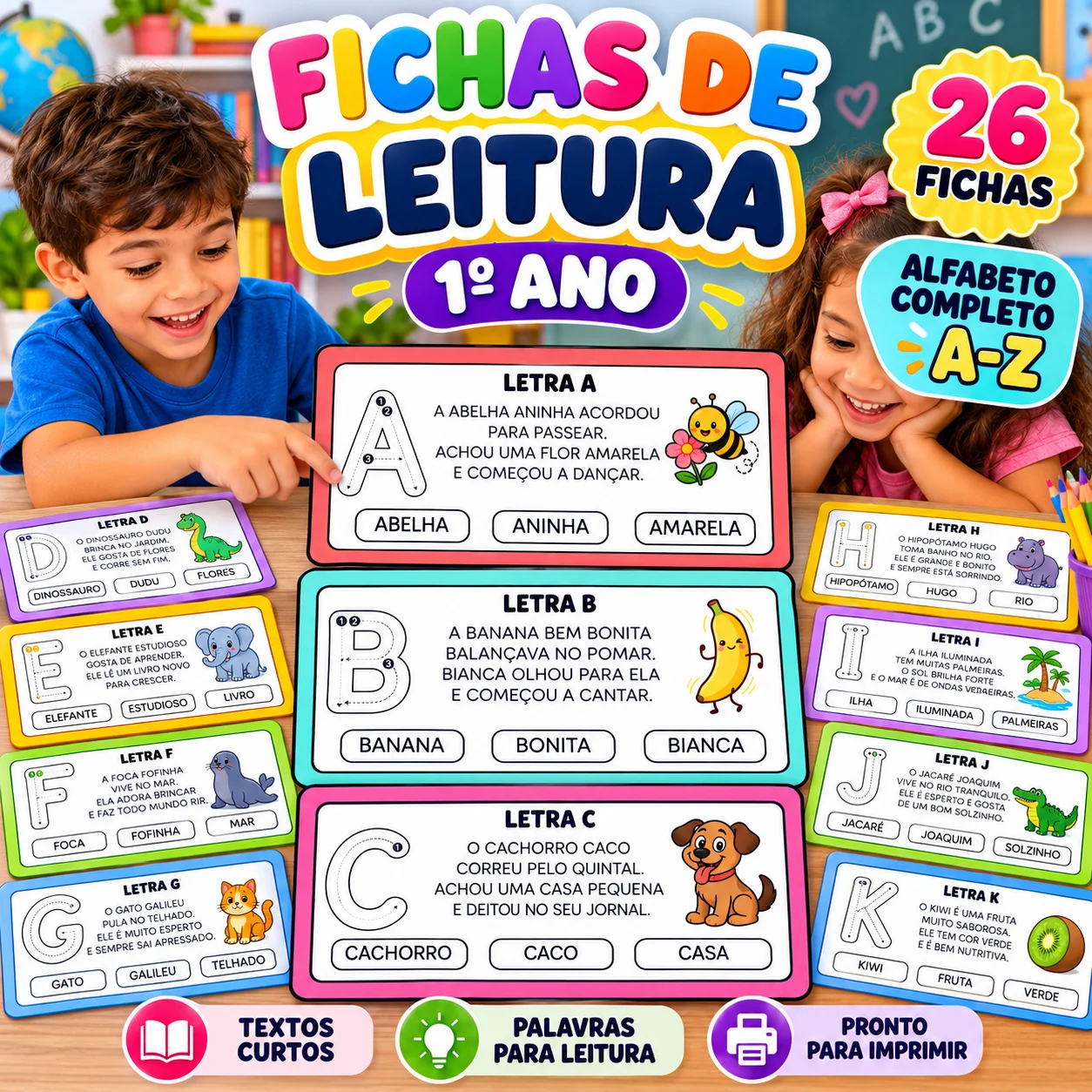 Ficha de Leitura 1º Ano para Imprimir – 26 Fichas do Alfabeto — amostra 1: Ficha de Leitura 1º Ano para Imprimir – 26…