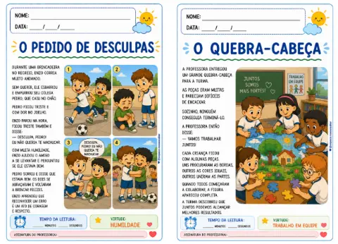 FICHA DE LEITURA (TEXTOS) PARA FLUÊNCIA - VIRTUDES E VALORES — amostra 2: 16 fichas de leitura com histórias ilustradas que…