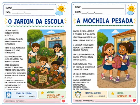 FICHA DE LEITURA (TEXTOS) PARA FLUÊNCIA - VIRTUDES E VALORES — amostra 3: 16 fichas de leitura com histórias ilustradas que…