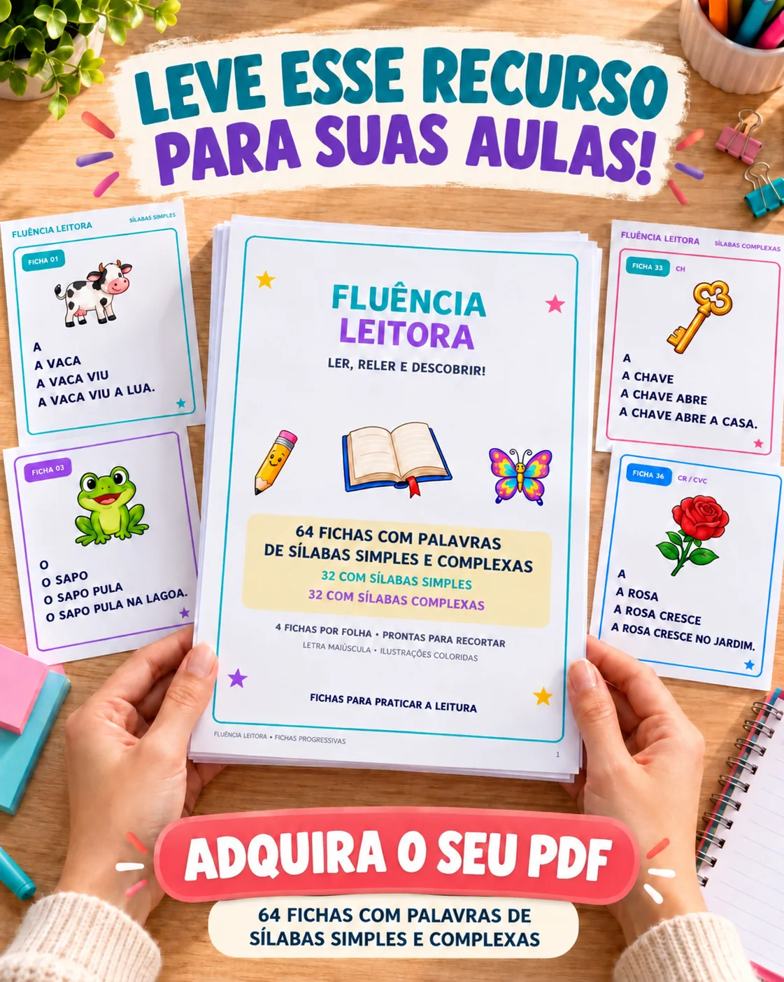 Fichas de Fluência Leitora – Sílabas Simples e Complexada — amostra 2: 64 fichas de fluência leitora em PDF com frases…
