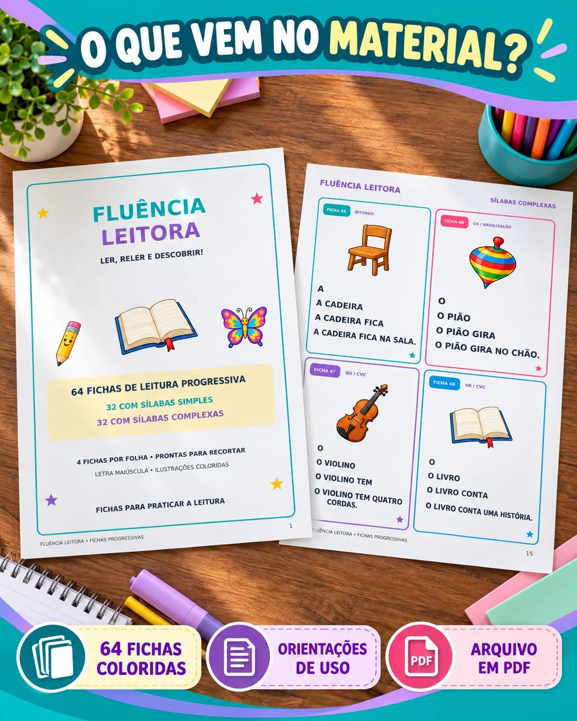 Fichas de Fluência Leitora – Sílabas Simples e Complexada — amostra 6: 64 fichas de fluência leitora em PDF com frases…