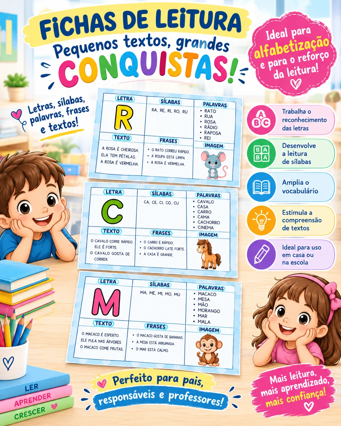 FICHAS DE LEITURA: Alfabeto em Ação: alfabeto, sílabas, palavras, frases e textos — capa do material