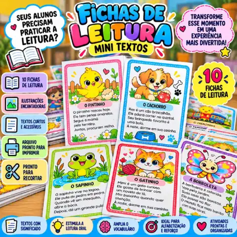 Fichas de Leitura com Mini Textos – 10 Atividades de Alfabetização — capa do material