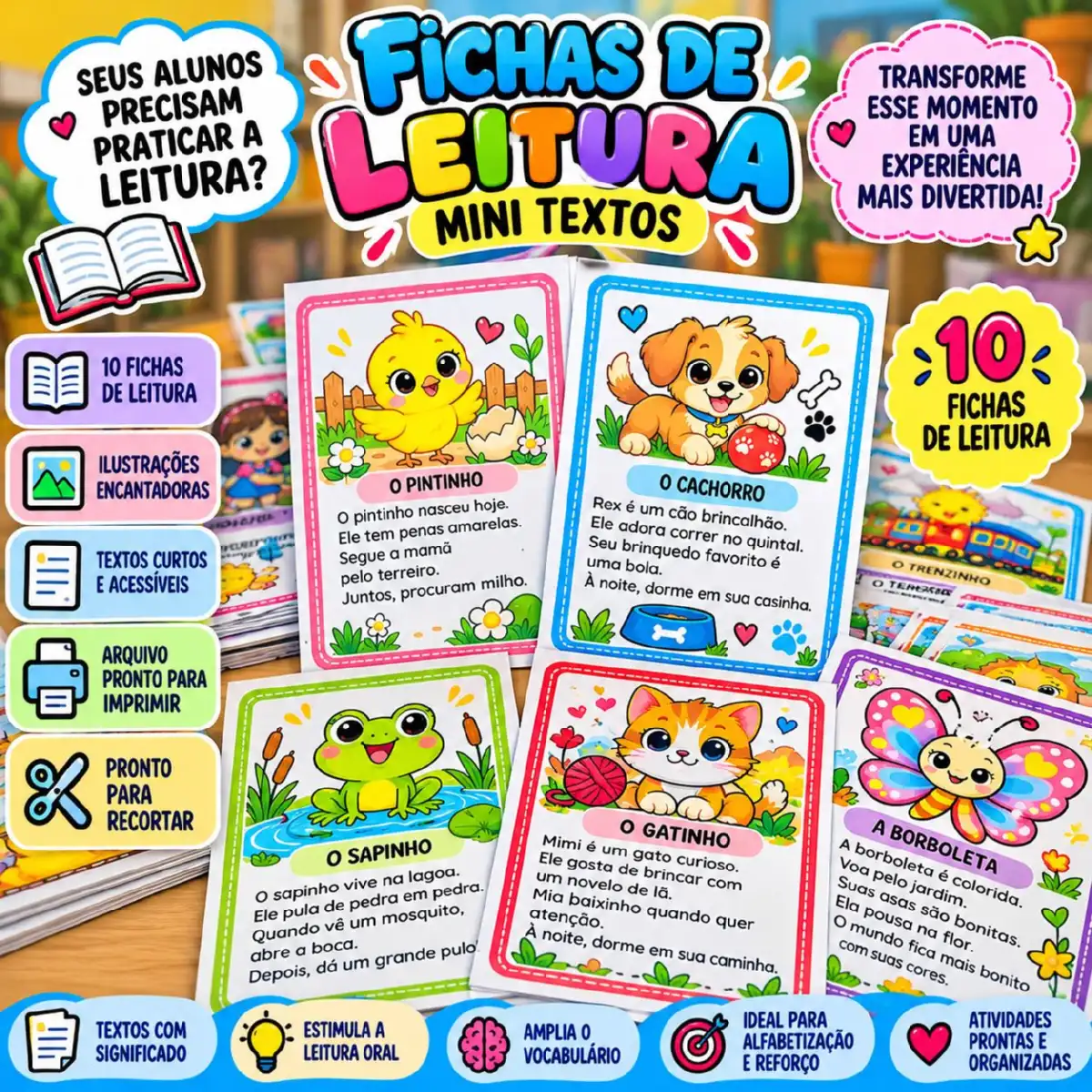 Fichas de Leitura com Mini Textos – 10 Atividades de Alfabetização — Alfabetização para 1º ano: Kit com 10 fichas de…