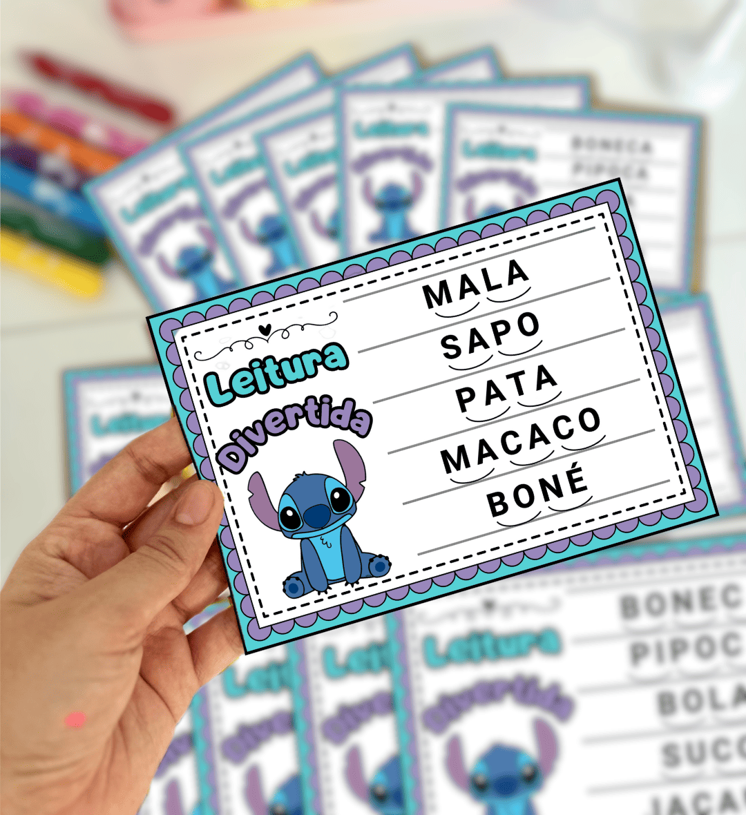 Fichas de leitura com Stitch: palavras de sílabas simples — amostra 1: Fichas de leitura com Stitch para a alfabetização
