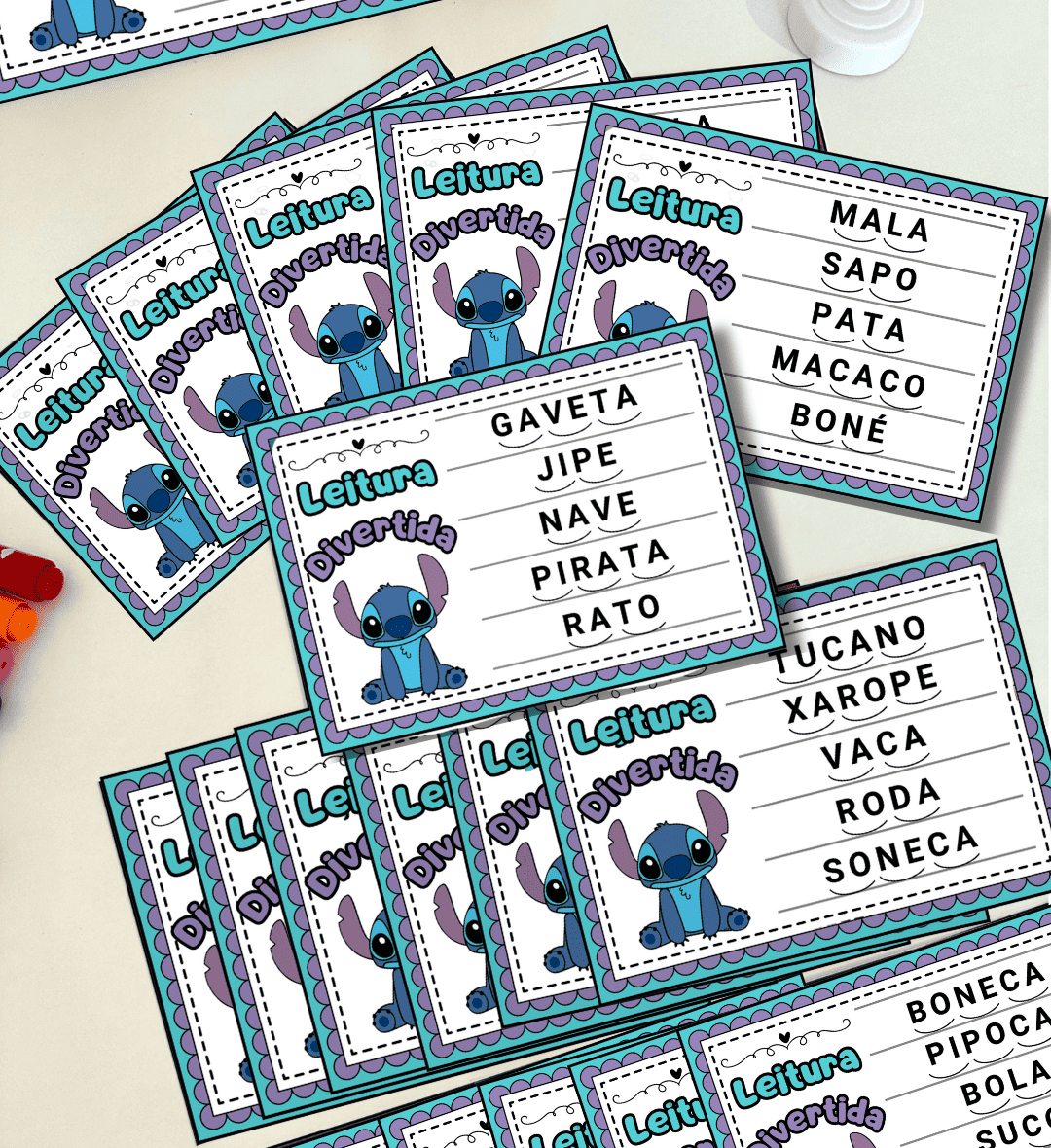 Fichas de leitura com Stitch: palavras de sílabas simples — amostra 2: O que vem no material
