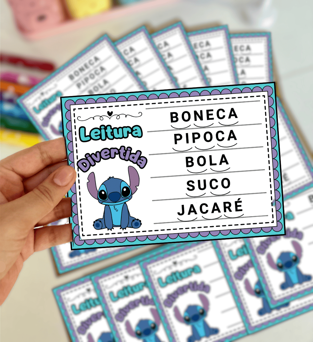 Fichas de leitura com Stitch: palavras de sílabas simples — amostra 3: Como usar as fichas em sala de aula