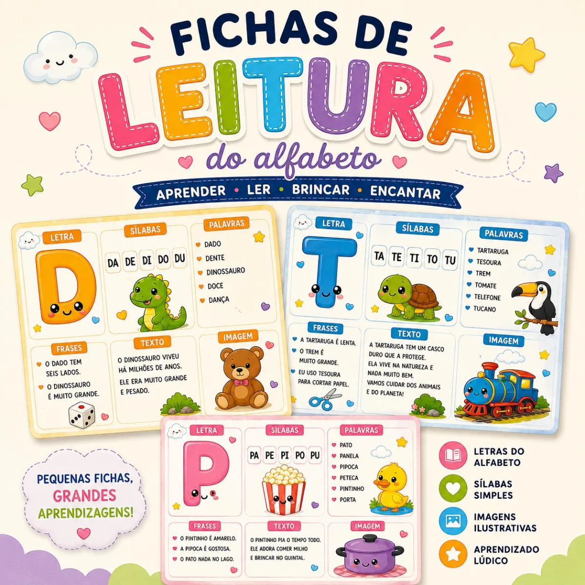 Fichas de Leitura do Alfabeto Ilustradas — amostra 2: O material vai auxiliar no reconhecimento das letras, na formação de…