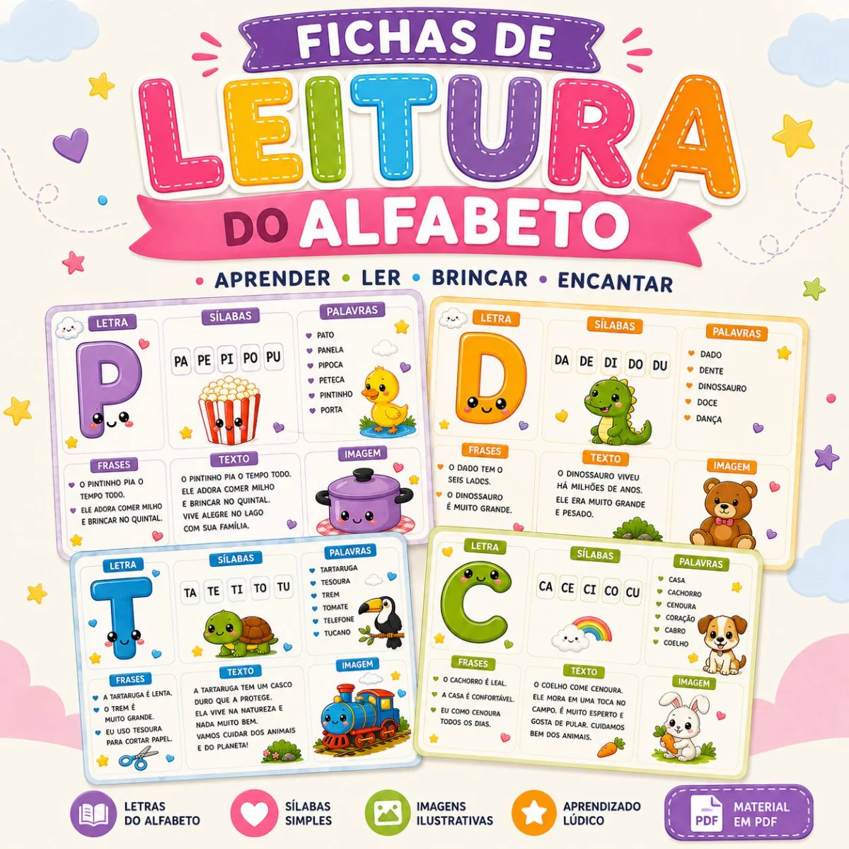 Fichas de Leitura do Alfabeto Ilustradas — amostra 3: O material vai auxiliar no reconhecimento das letras, na formação de…