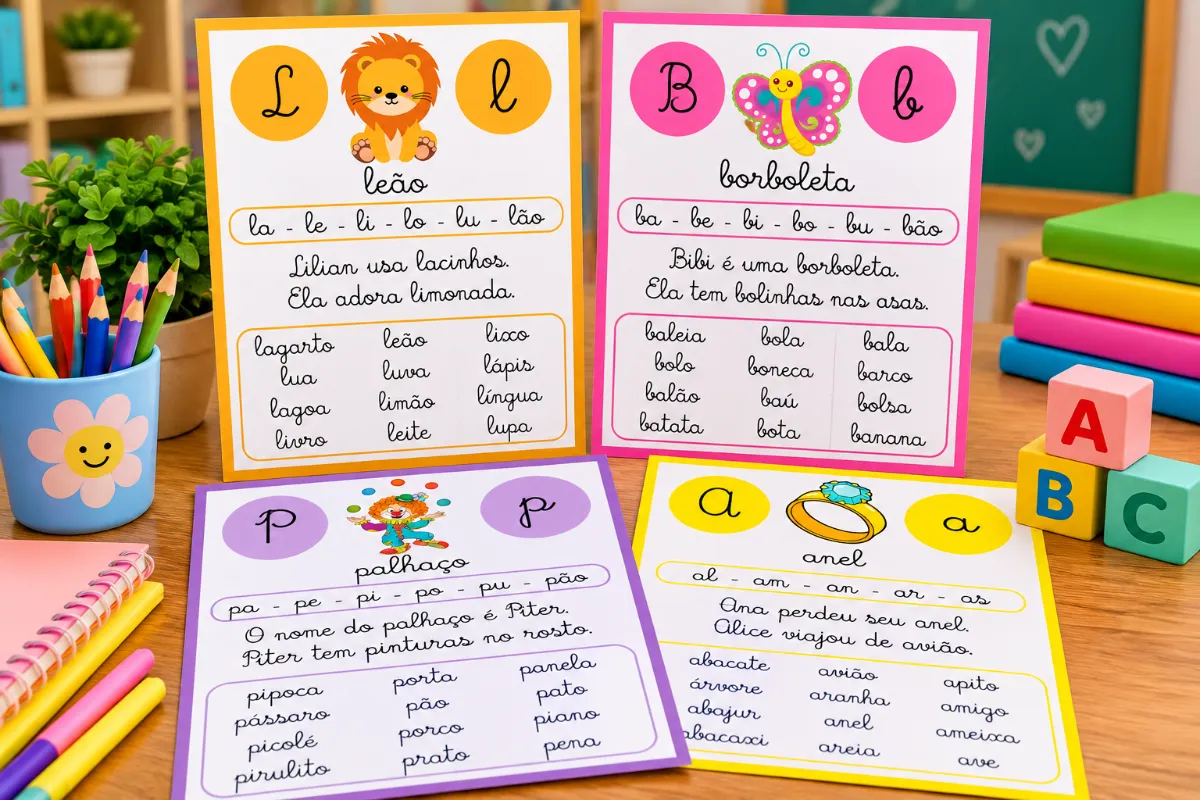 Fichas de Leitura em Letra Cursiva – Alfabetização — amostra 2: Fichas de leitura em letra cursiva com sílabas, palavras e…