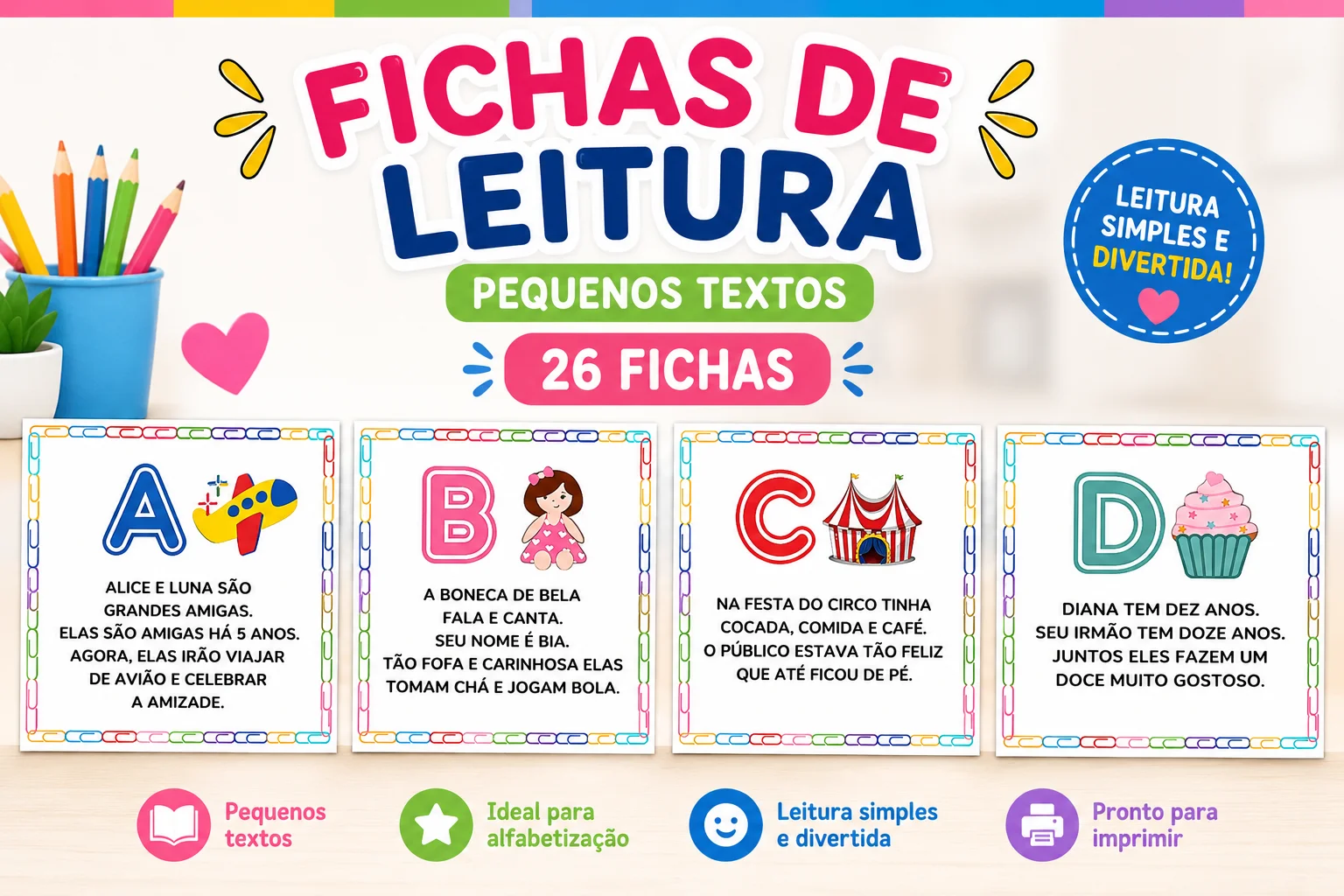 Fichas de Leitura; Pequenos Textos de ALFABETIZAÇÃO 1º ao 5ºano — amostra 1: 26 Fichas de leitura com pequenos textos para…