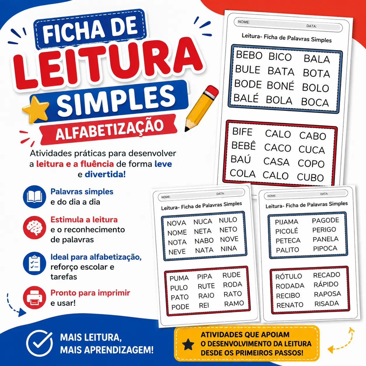 FICHAS DE LEITURA SIMPLES - ALFABETIZAÇÃO ANOS INICIAIS — capa do material