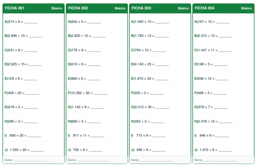 Fichas de Multiplicação e Divisão 5º Ano — amostra 5: 180 fichas de multiplicação e divisão para o 5º ano, com 1