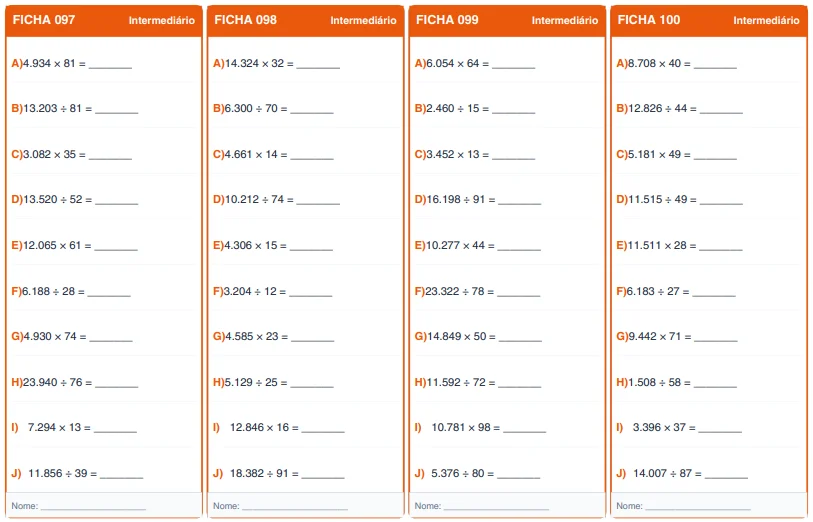 Fichas de Multiplicação e Divisão 5º Ano — amostra 6: 180 fichas de multiplicação e divisão para o 5º ano, com 1