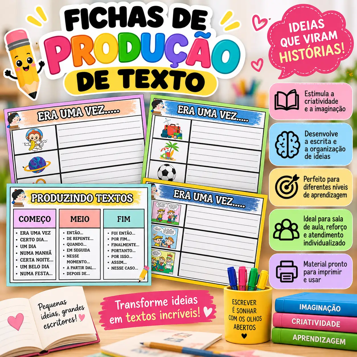 FICHAS DE PRODUÇÃO DE TEXTO - ALFABETIZAÇÃO INICIAL — capa do material