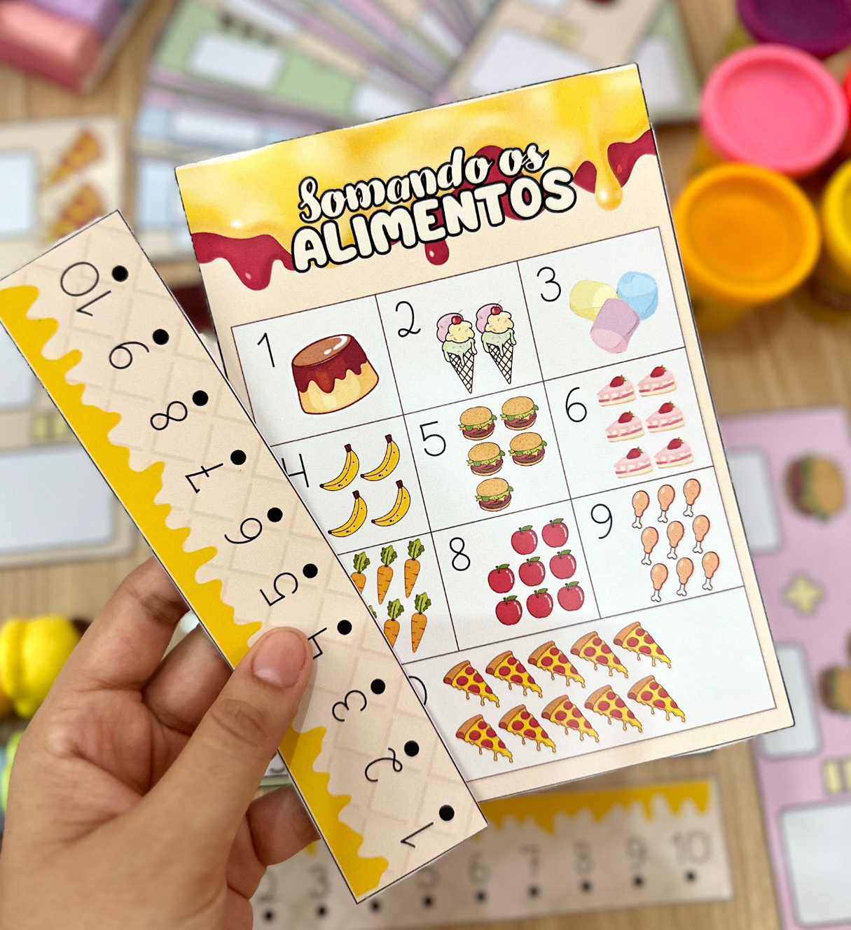 Fichas de soma com alimentos para a Educação Infantil — amostra 2: O que vem no material