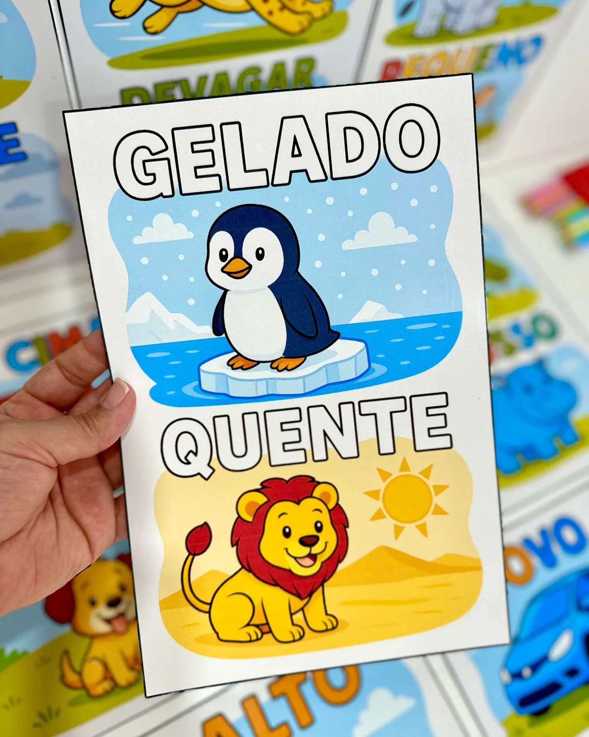 Fichas ilustradas para trabalhar Conceitos na Educação Infantil — amostra 2: Gelado/quente Rápido/devagar Grande/pequeno Em…